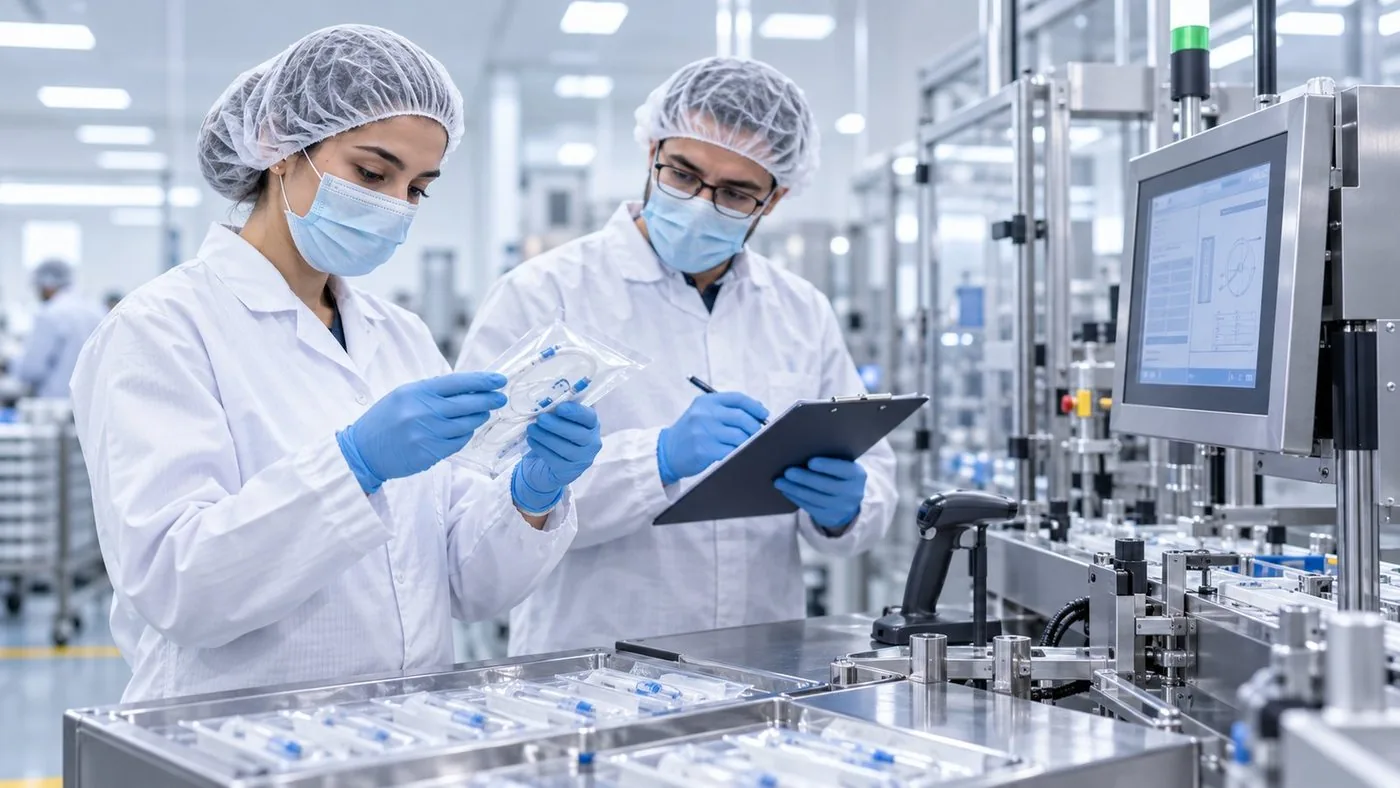 Équipe du secteur des équipements médicaux présentant des certificats qualité.